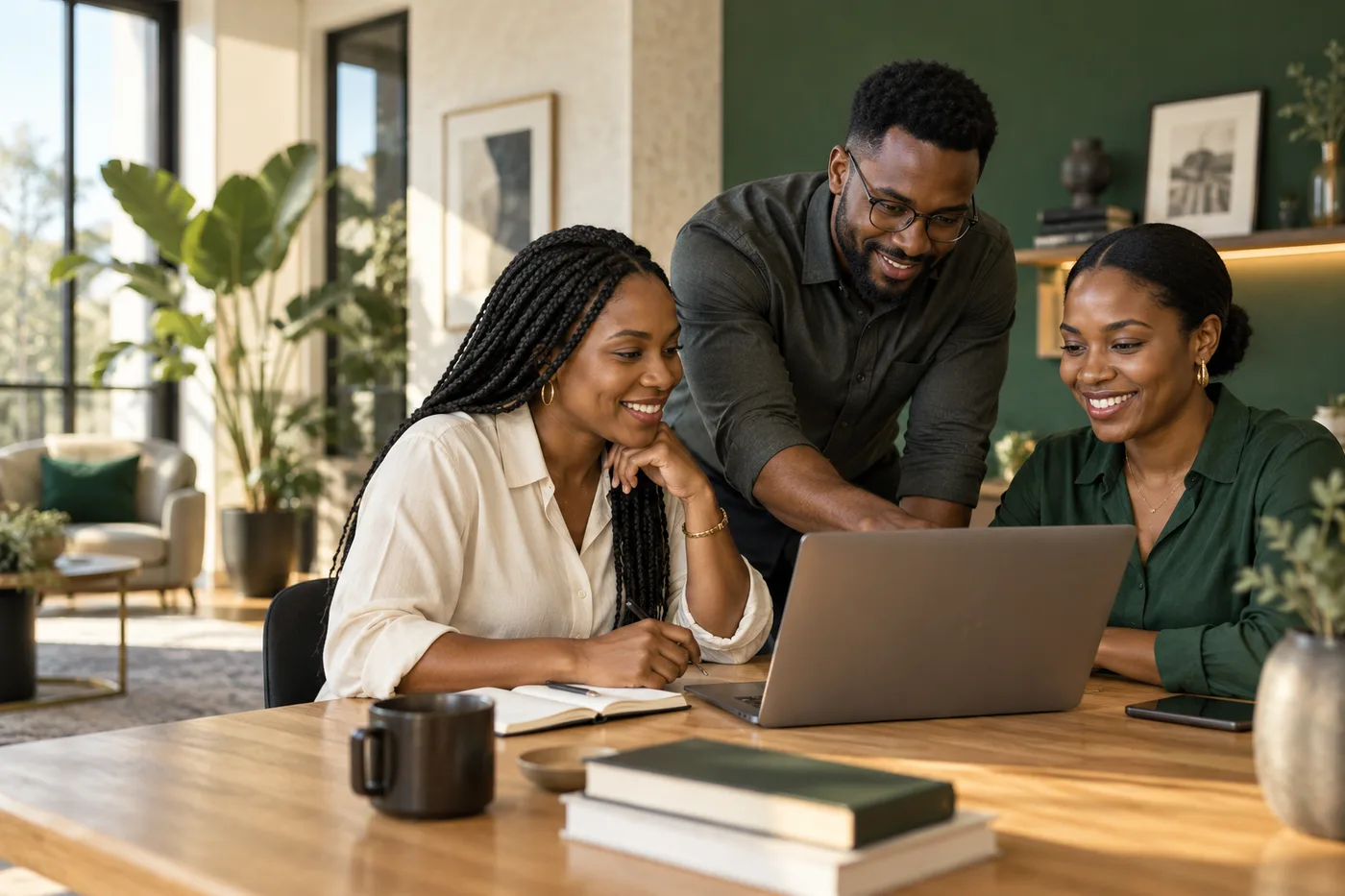 Colleagues learning together in a modern workplace